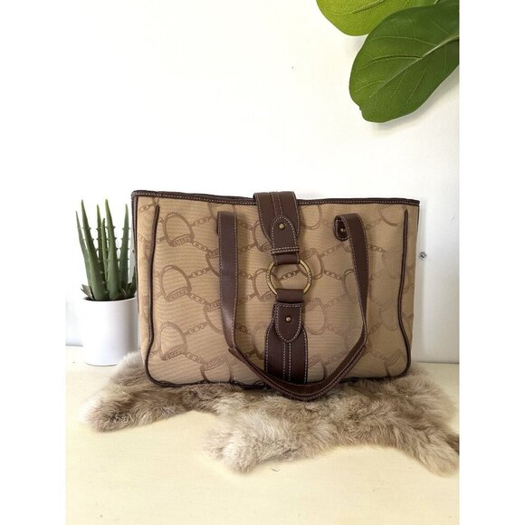 Chaps Millbrook Shoulder Bag Purse Handbag Khaki 2000s 13 X‎ 10” Equestrian - Picture 1 of 13
